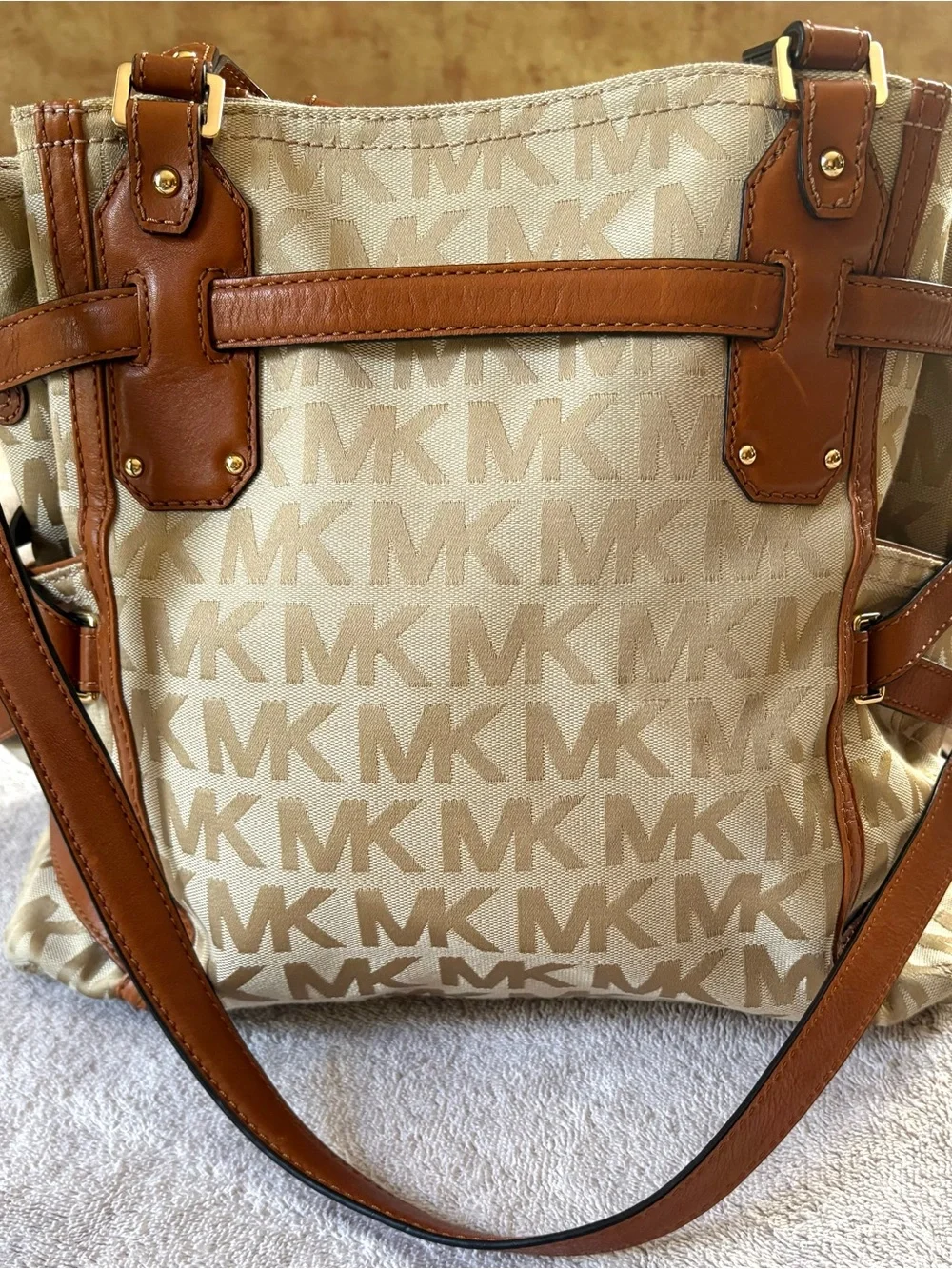 Michael Kors Cream and Tan Signature MK Logo Tote with Gold Plaque Gansevoort